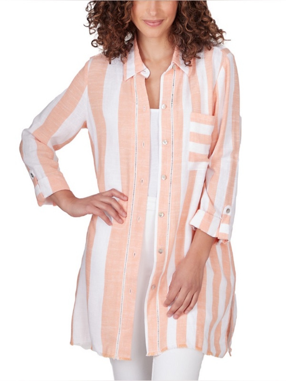 Ruby Rd Linen Shirt Dress Tunic Womens Plus Size 2X Orange Stripe Beach Resort